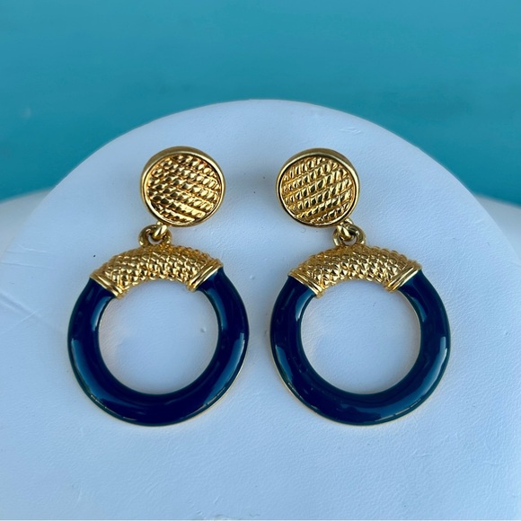 Anne Klein Jewelry - Vintage Anne Klein ©AK Gold Tone Navy Blue Enamel Door Knocker Earrings